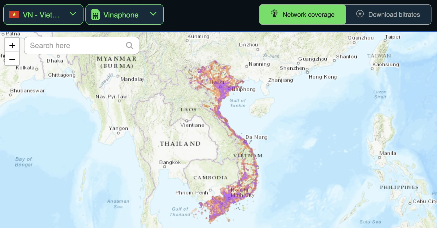 AIS mobile network coverage map of Thailand, reaching the southern peninsula and Gulf islands