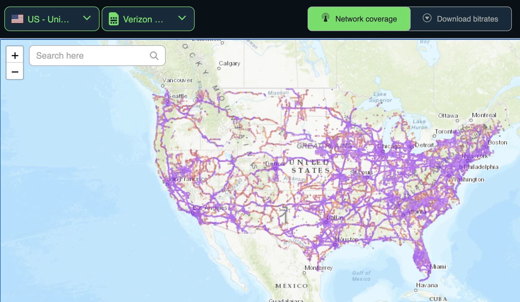 Verizon US network coverage map, dense along highways and cities, sparse across the interior West