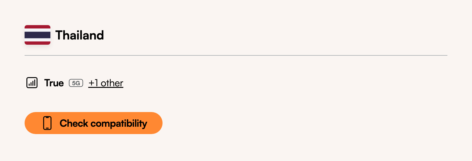 Airalo Thailand plan page showing its supported network: True, plus one other