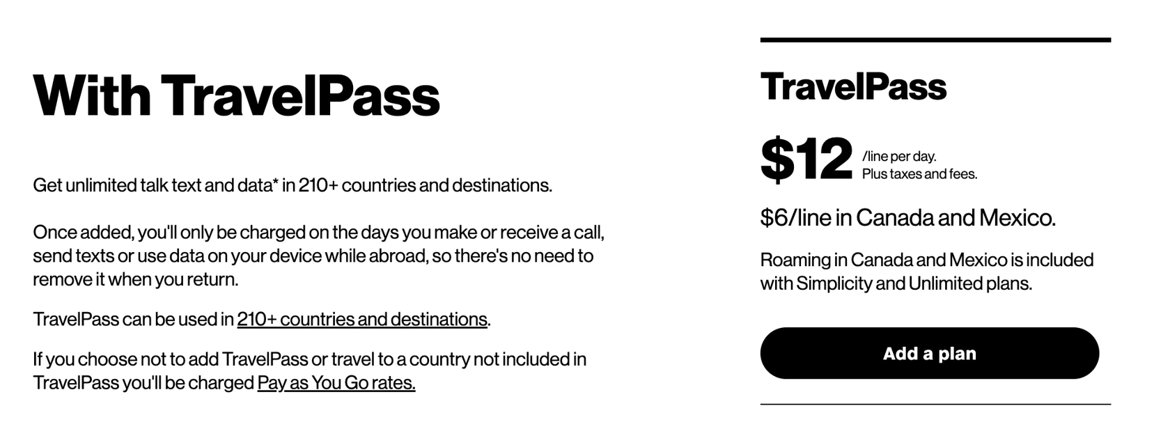 Verizon TravelPass international roaming pricing at $12 per line per day
