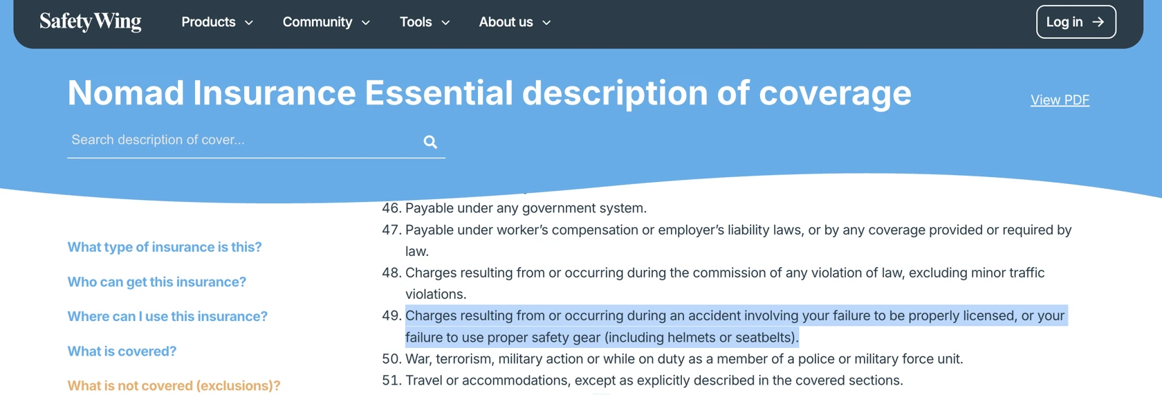 SafetyWing Nomad Insurance description of coverage, showing key exclusions