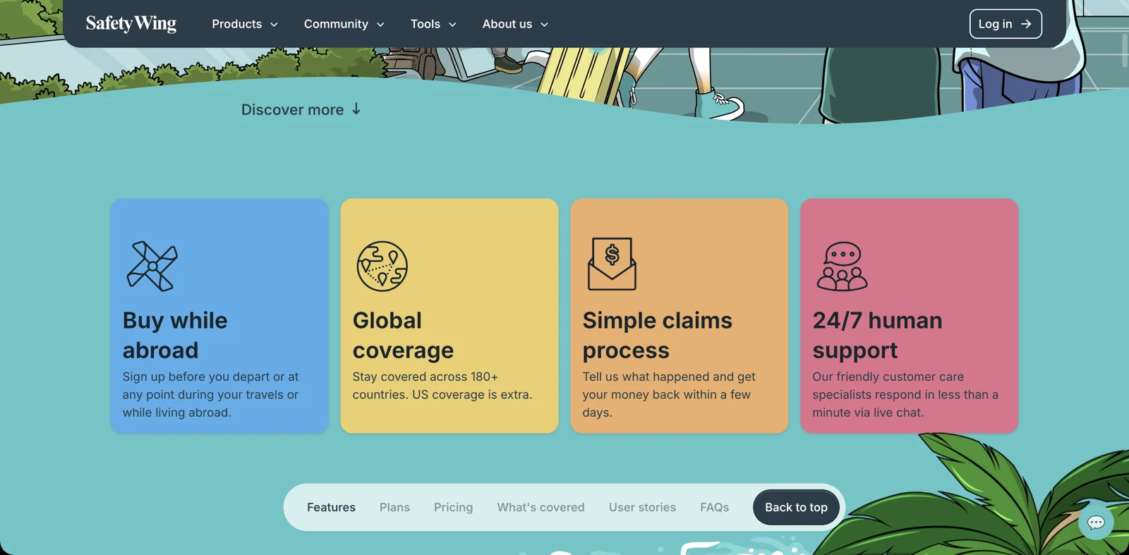 SafetyWing Nomad Insurance page: buy while abroad, 180+ countries, claims and 24/7 support