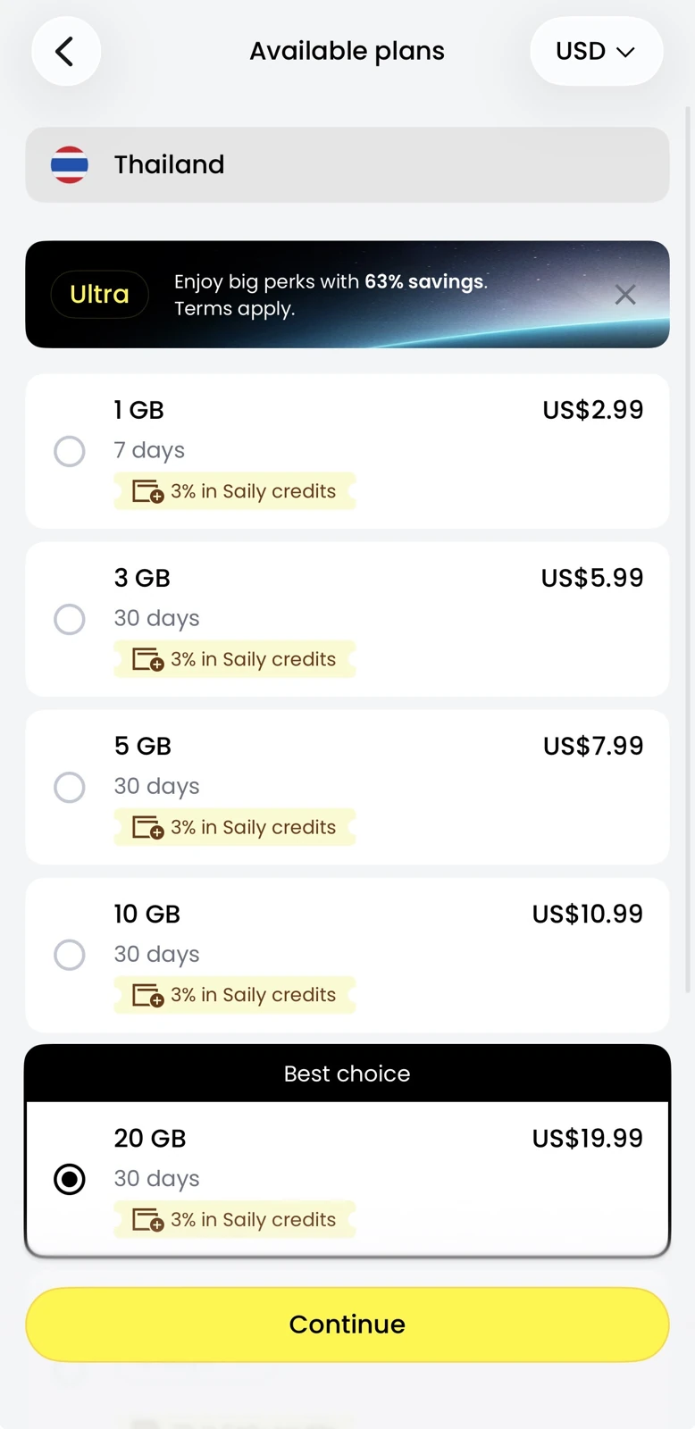 Saily plan-selection screen for Thailand showing data tiers and USD prices