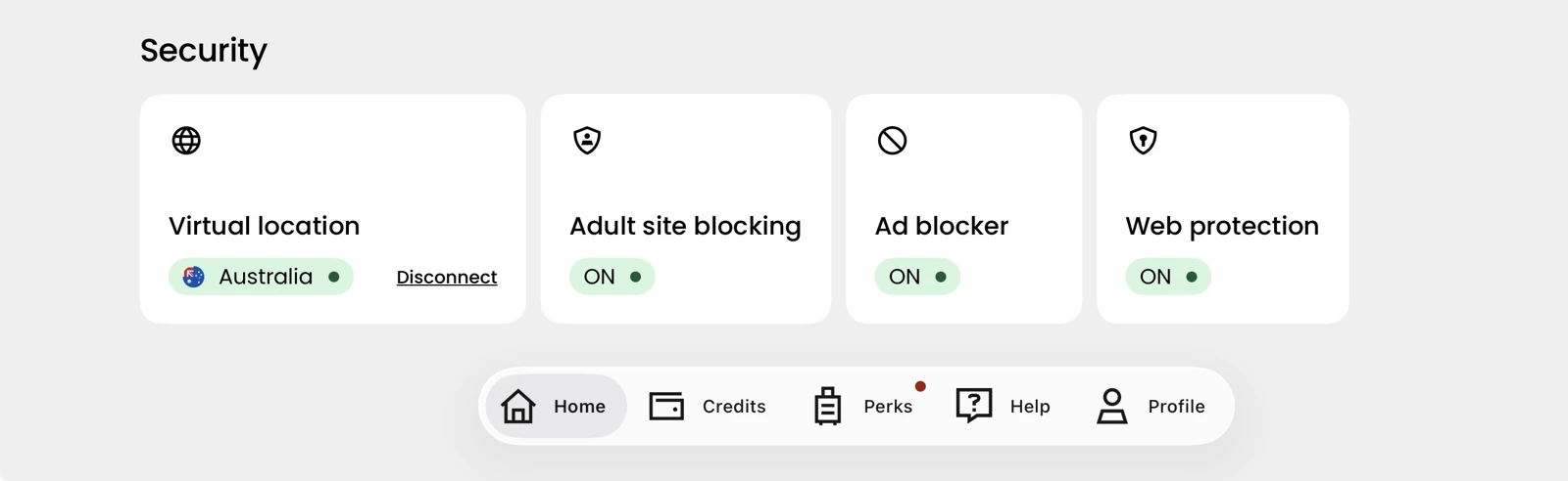 Saily security screen with ad blocker and web protection toggled on