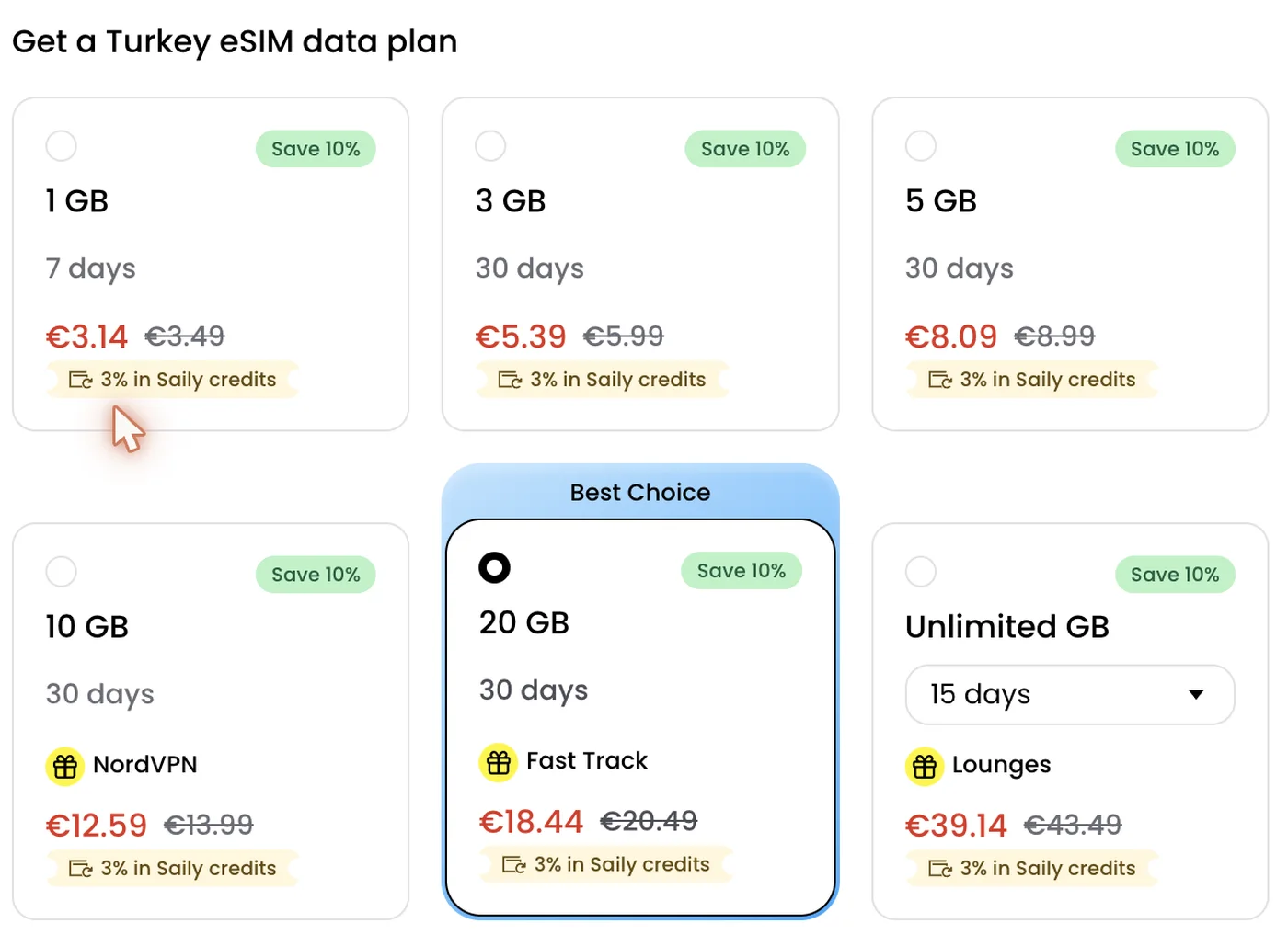 Cheapest eSIMs That Are Actually Usable (2026) Saily Turkey plan grid: 1 GB for €3.14 versus 20 GB for €18.44