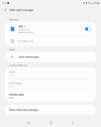 Samsung SIM card manager showing Add mobile plan for an eSIM