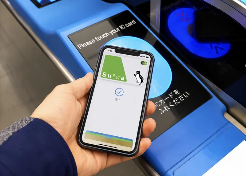 Suica card in Apple Wallet being tapped at a Japanese transit gate