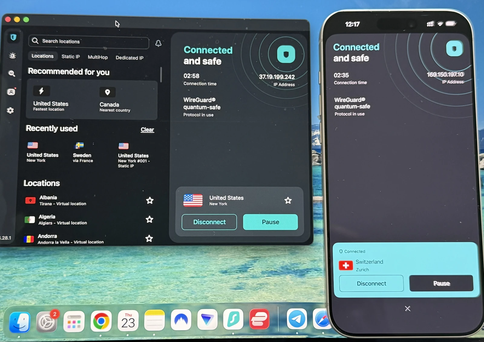 A Mac and an iPhone both connected to Surfshark at once on one account