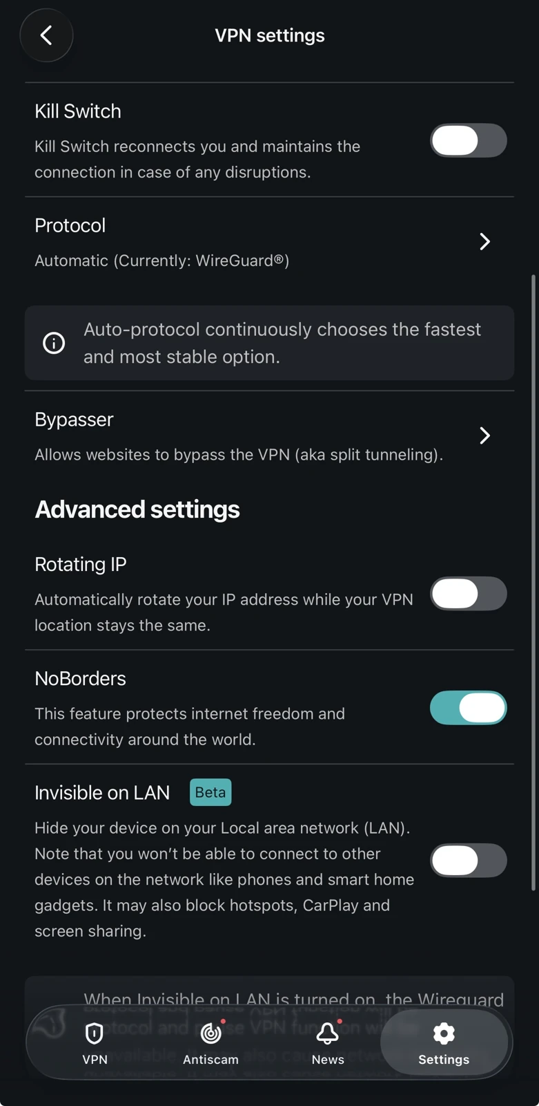 Travel VPNs: What Actually Matters Surfshark VPN settings with the NoBorders stealth feature toggled on