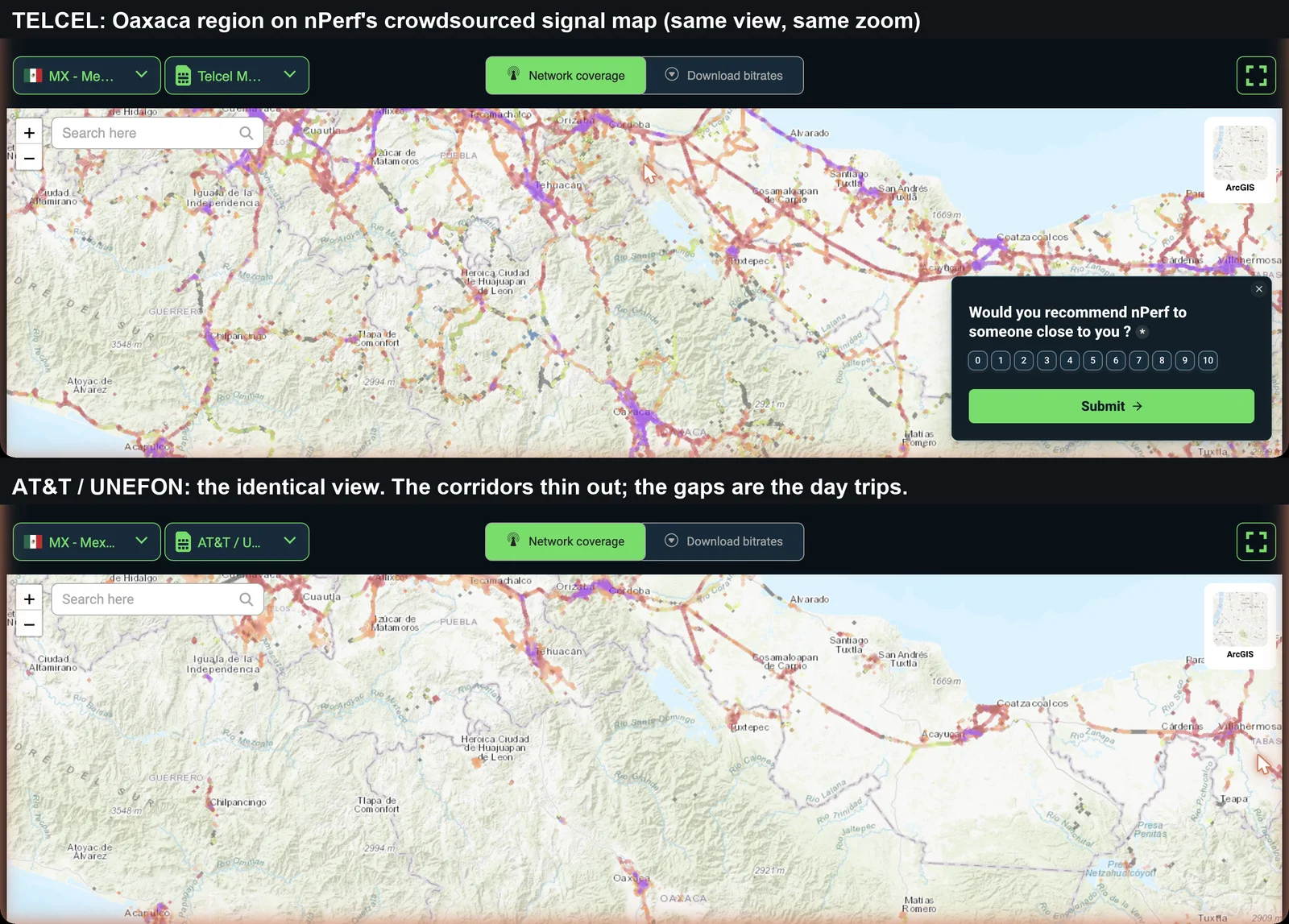 Best eSIM for Mexico (2026): Check the Network Before the Price Telcel versus AT&T Mexico coverage over the Oaxaca region on the same nPerf map view