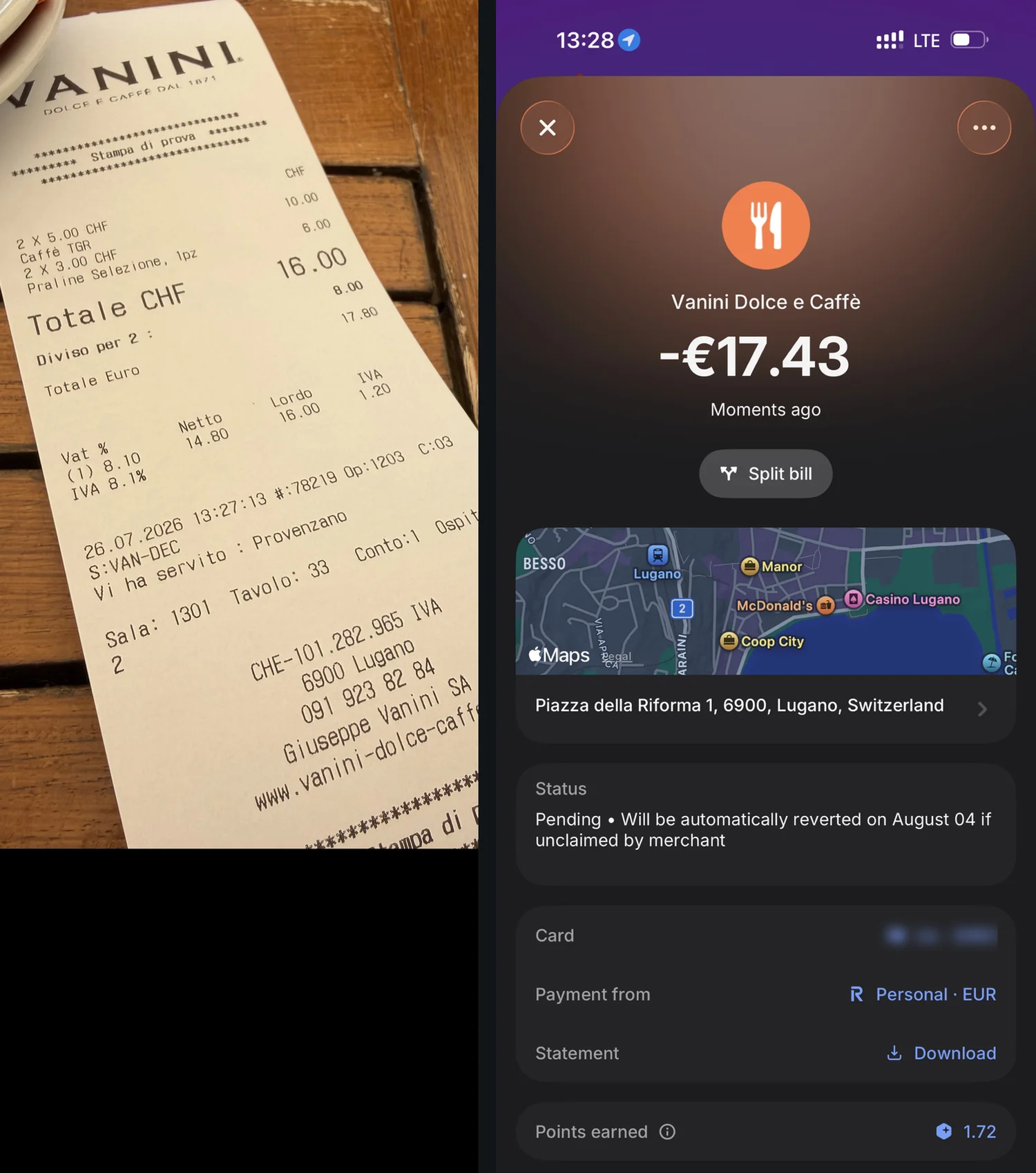 Always Pay in Local Currency: The DCC Trap Explained Cafe receipt showing a 16 CHF total with a 17.80 euro conversion offer, next to the Revolut charge of 17.43 euro