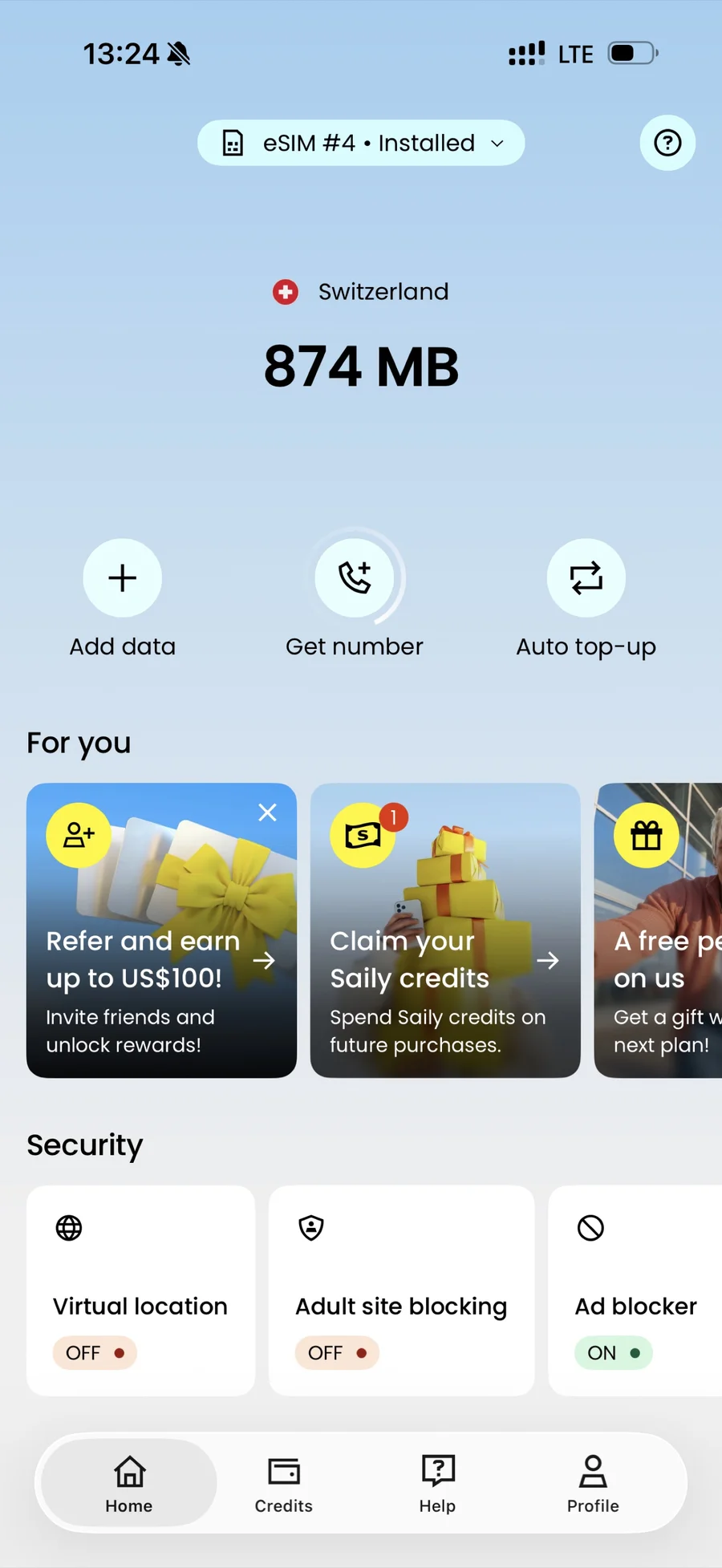 Saily app connected in Switzerland with 874 MB remaining