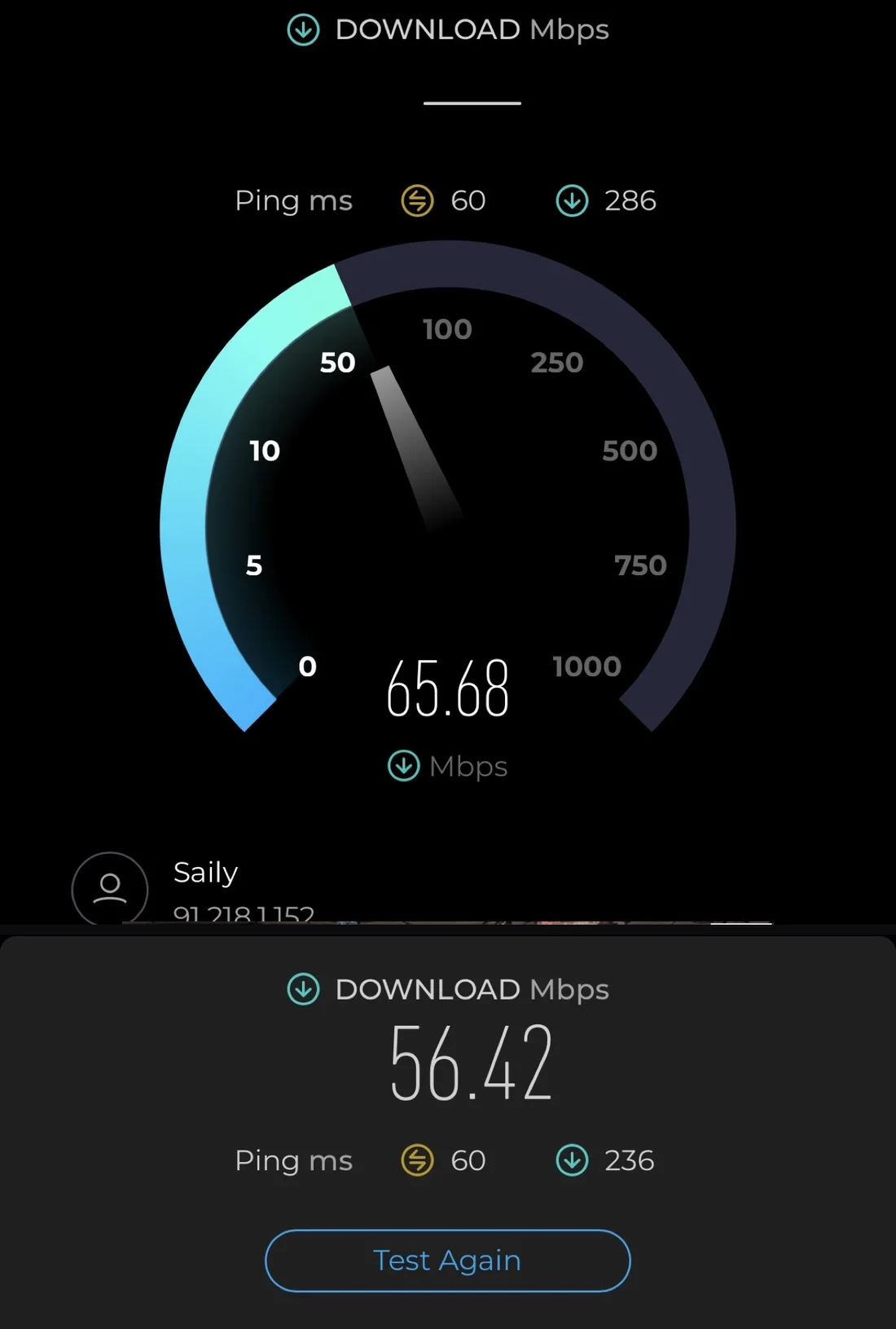 Speed test on Saily in Switzerland: 65.68 Mbps mid-run and a 56.42 Mbps result at 60 ms ping