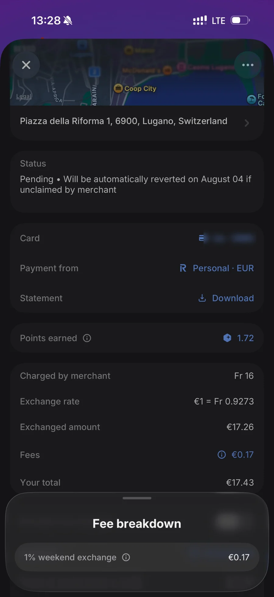 Revolut fee breakdown on a Sunday payment: 1% weekend exchange fee of 0.17 euro on a 16 franc charge