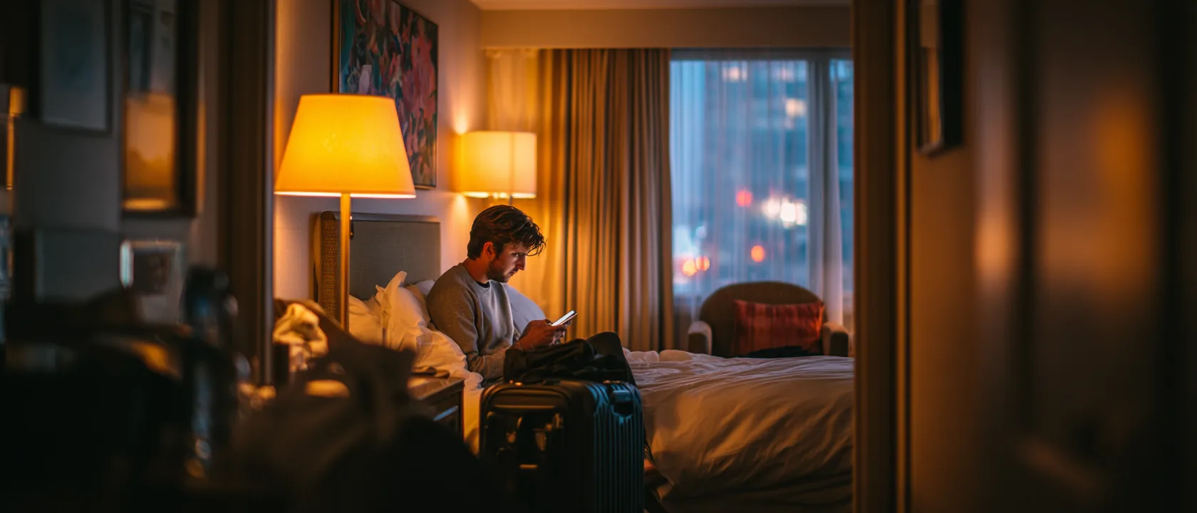 Heymondo Review (2026): Per-Trip Cover With Real Ceilings A traveler consulting a phone medical chat in a hotel room at night