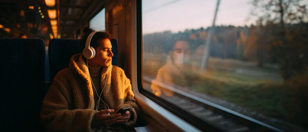 A traveler with headphones watching a phone on a train, autumn scenery through the window