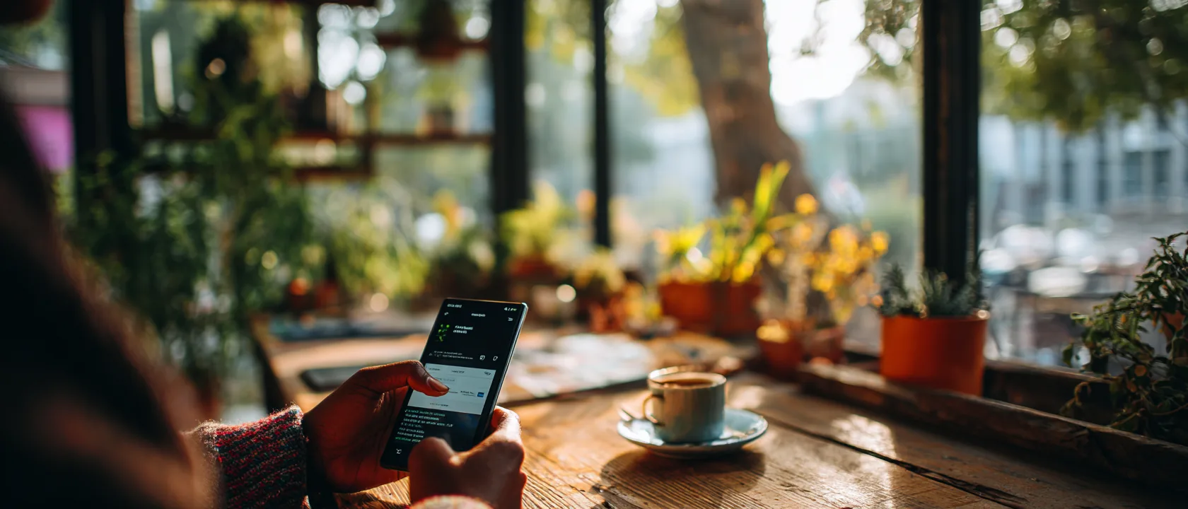 Hands holding an Android phone on a settings screen at a sunlit cafe