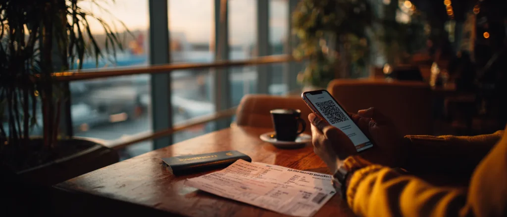 Hands holding an iPhone on the eSIM QR-scan screen, boarding pass and coffee on an airport cafe table