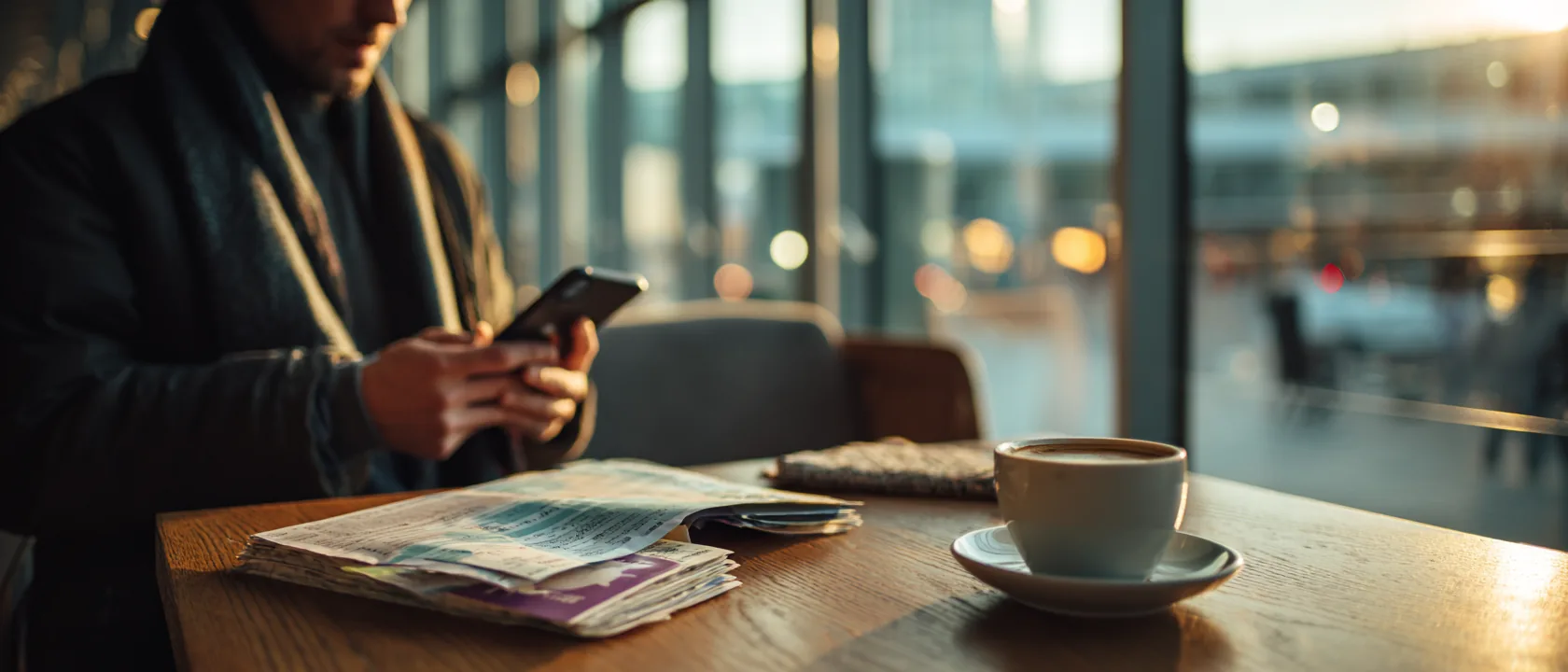 A traveler at an airport gate reviewing a travel insurance policy on their phone