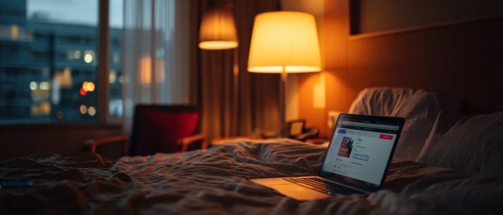 An open laptop on a hotel bed showing a wifi login page, city window at dusk