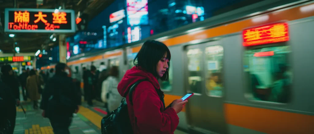 A traveler checking a phone at a neon-lit Tokyo train crossing