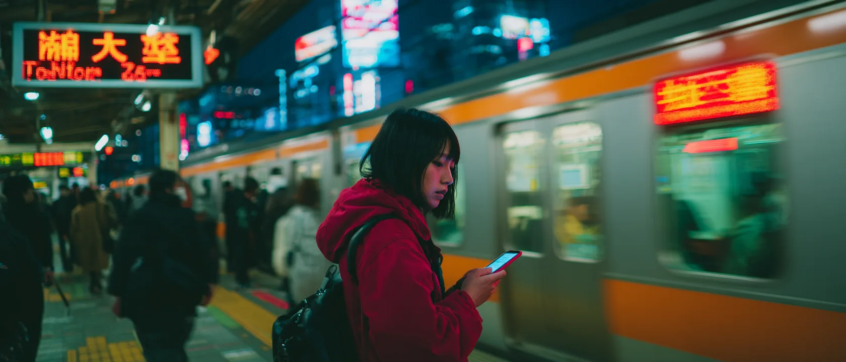 A traveler checking a phone at a neon-lit Tokyo train crossing