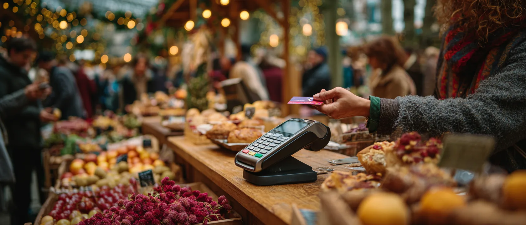 A hand tapping a bank card on a contactless payment terminal at a market abroad