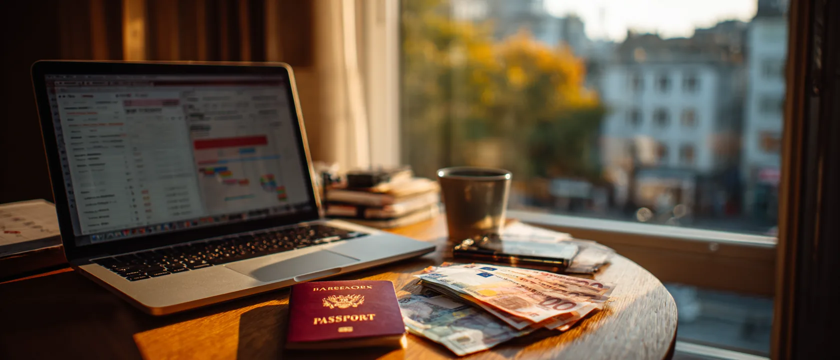 A laptop showing a finance dashboard beside a passport and banknotes