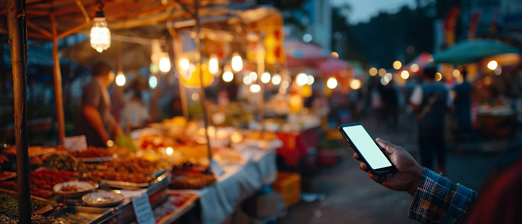A hand checking a phone at a lantern-lit night food market