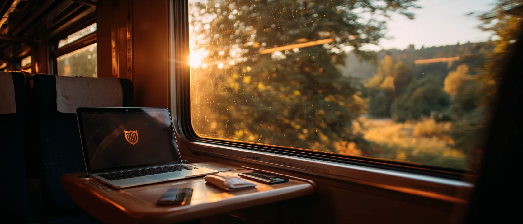 A laptop with a shield icon on a train tray table, golden countryside through the window