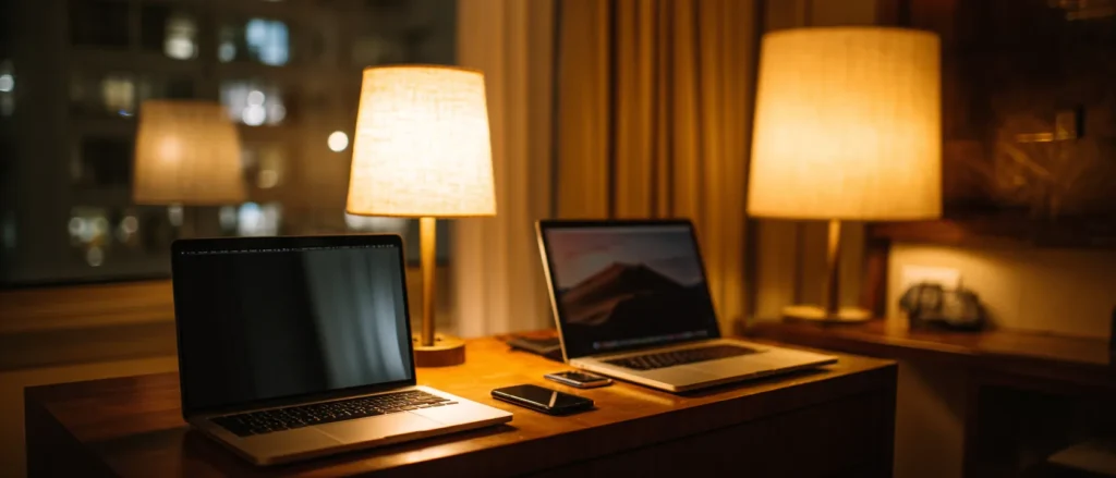 Two laptops side by side on a lamp-lit hotel desk, a head-to-head comparison