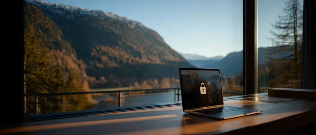 A laptop with a padlock icon on a desk overlooking an Alpine mountain lake