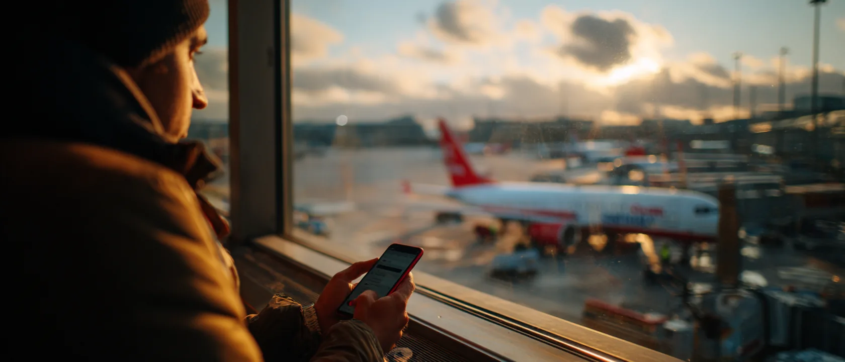A traveler holding a phone with a banking app beside an airport window