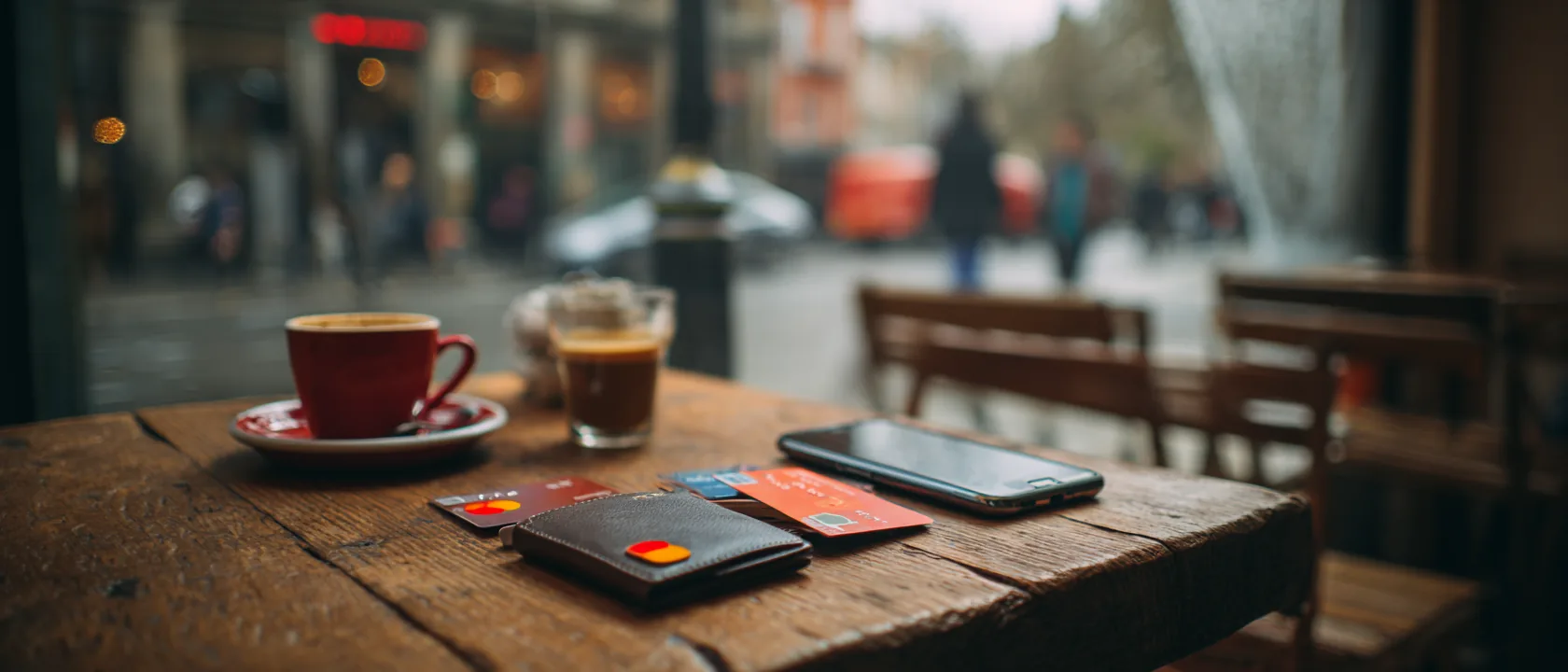 Two payment cards on a cafe table beside a phone and an espresso