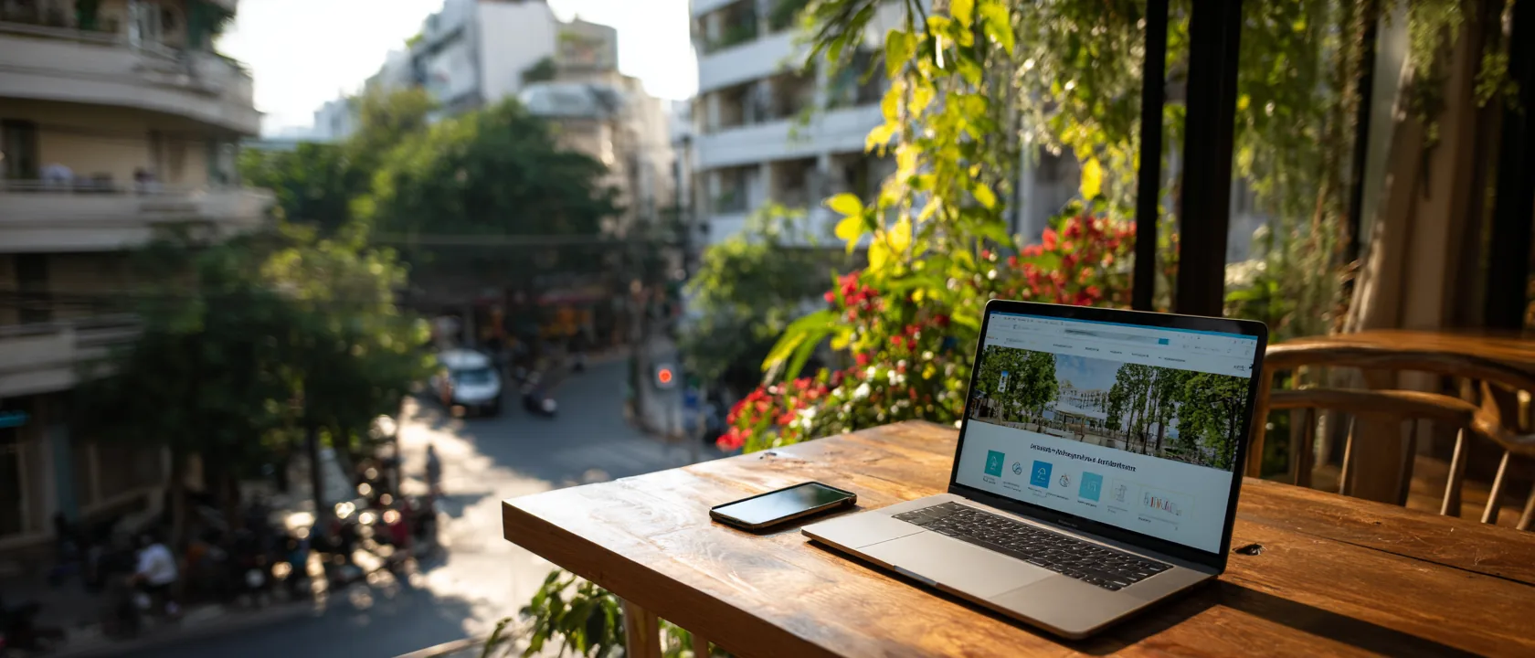 A laptop and phone on a co-working table overlooking a tropical street