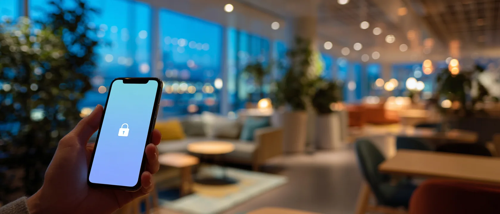 A hand holding a phone in an airport lounge, screen showing a subtle security motif