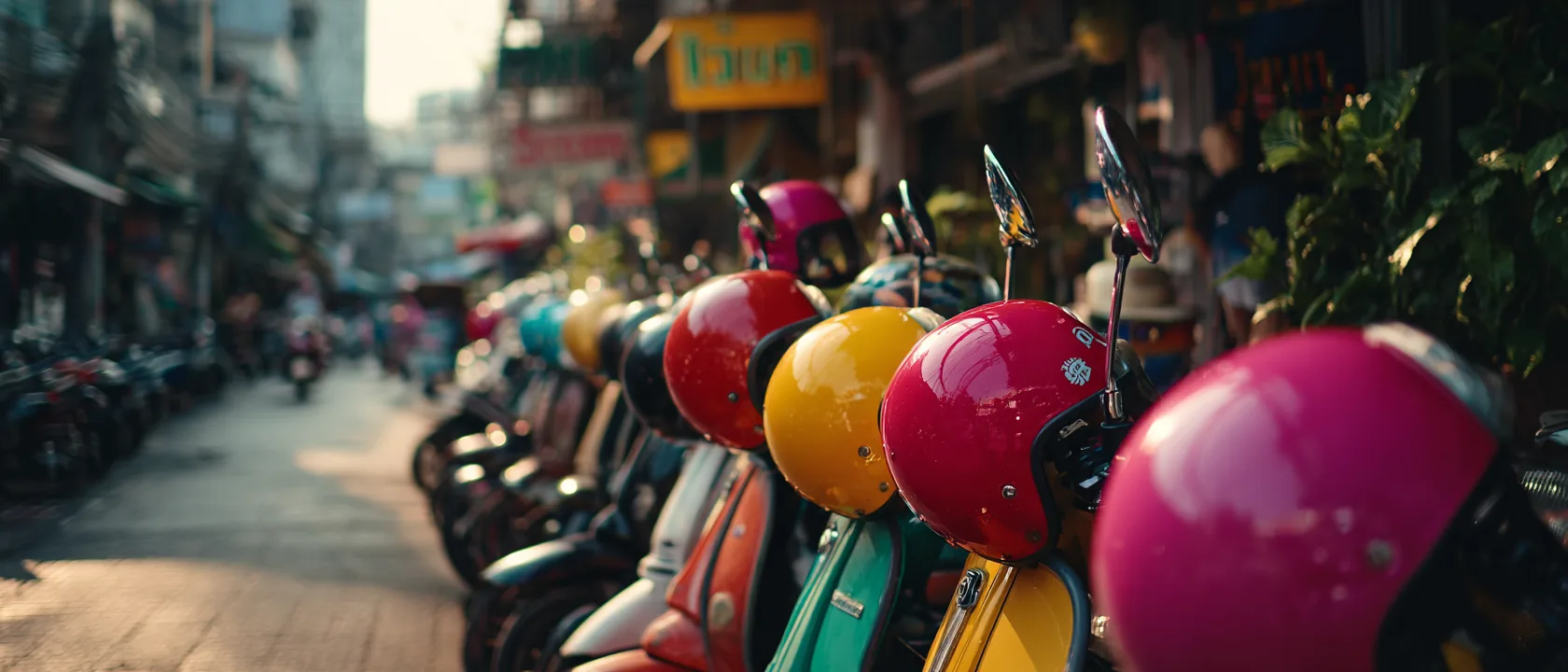 The Scooter Clause: How Travellers Void Their Insurance in One Rental Scooter rental row on a Thai street, helmets hanging on the mirrors