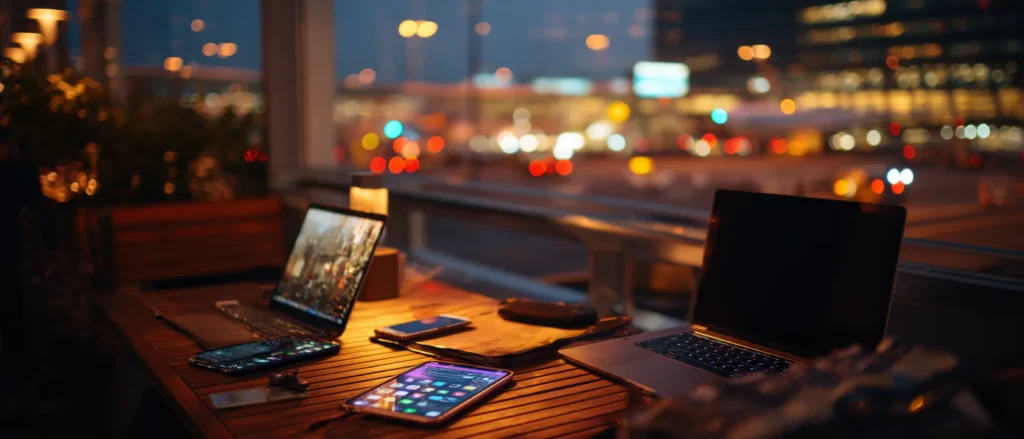 A family's phones, tablet and laptops spread on an airport-gate table at dusk