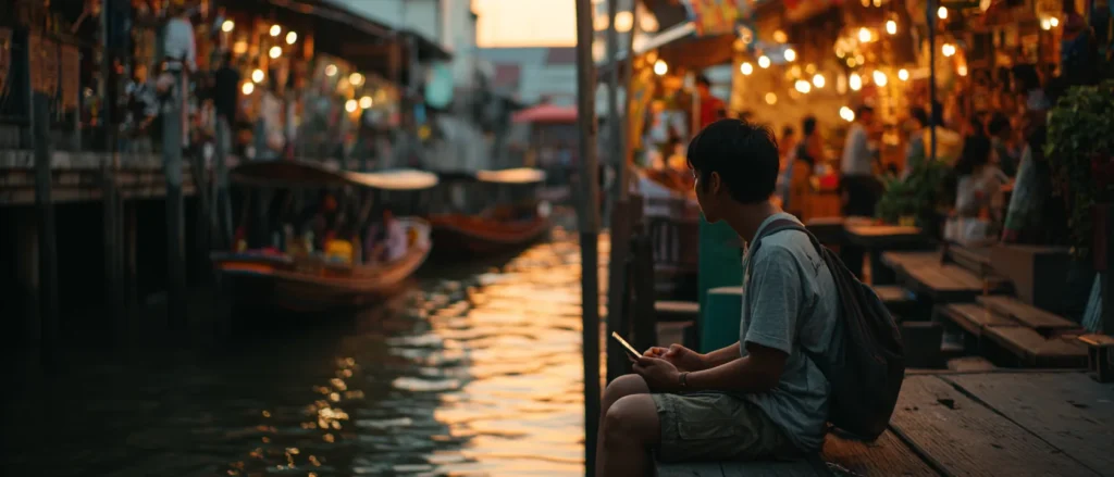 A traveler checking a phone at a Bangkok floating market at dusk