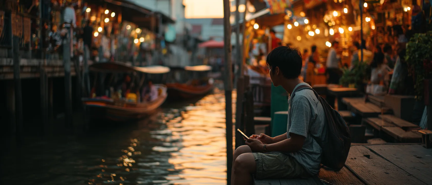 A traveler checking a phone at a Bangkok floating market at dusk