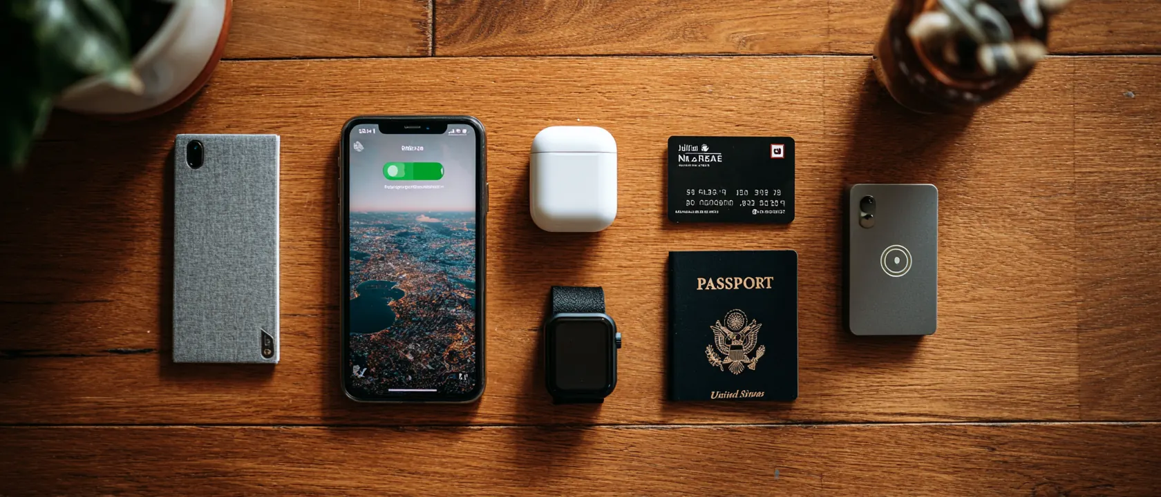 Overhead flat-lay of a travel-tech stack: phone, bank card, smartwatch, passport and documents
