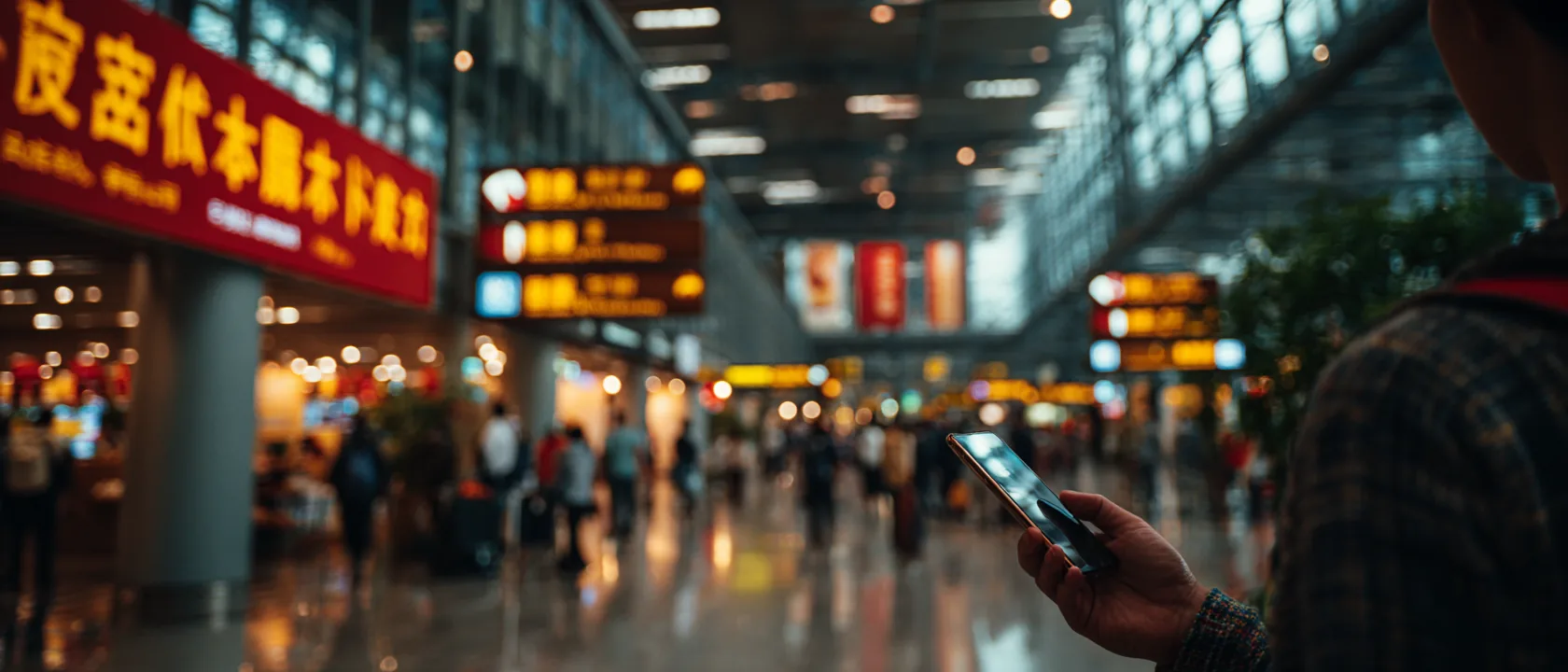 A hand checking a phone in a Chinese airport arrivals hall