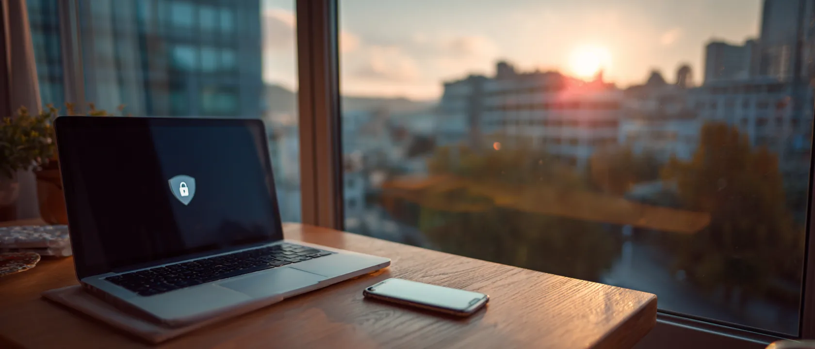 A laptop and phone on a hotel desk with a VPN connection icon showing on screen