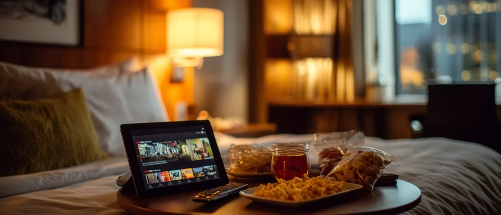A tablet on a hotel bed showing streaming tiles, snacks and a city window