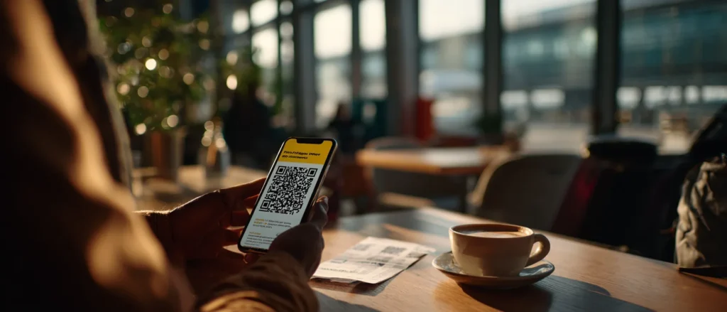 Hands holding a phone showing an eSIM setup QR code at a sunlit airport cafe
