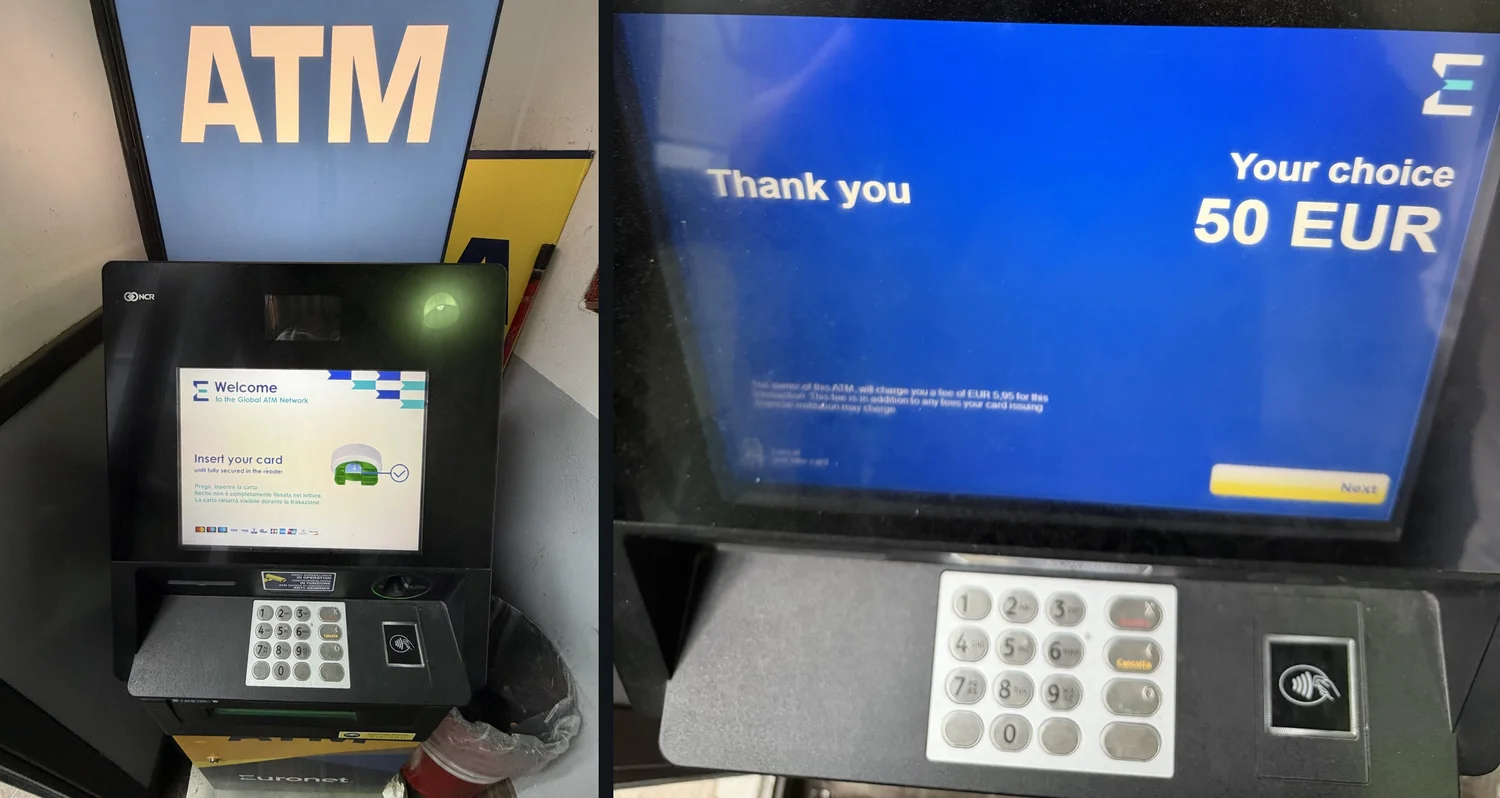 Euronet ATM in a corridor and its 50 EUR withdrawal screen