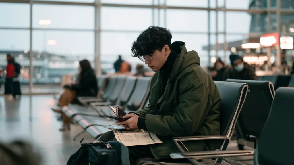 Traveller at a quiet airport gate with passport and printed insurance policy