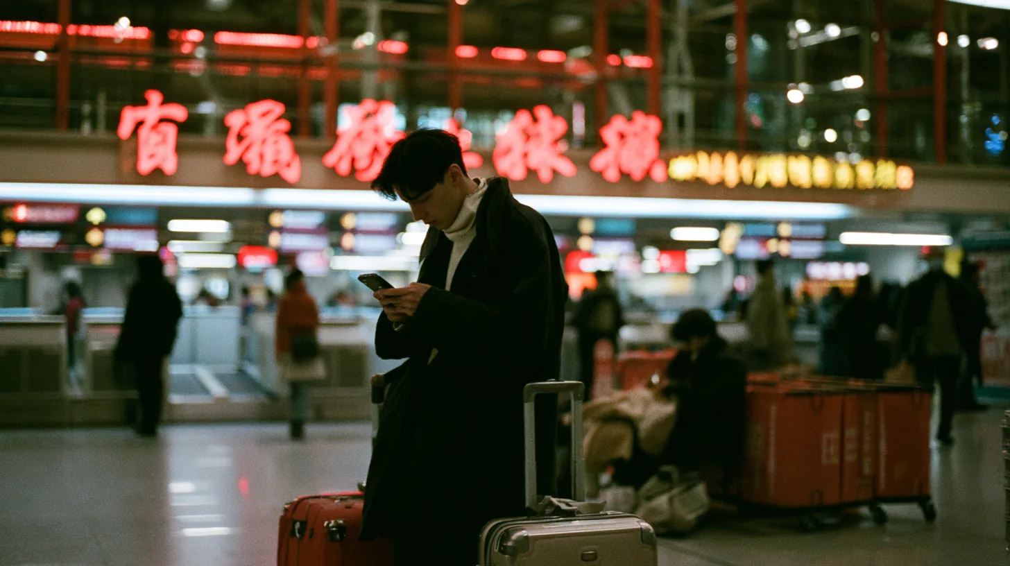 Traveller checking a phone in a Chinese airport arrivals hall at night, red signage glowing behind