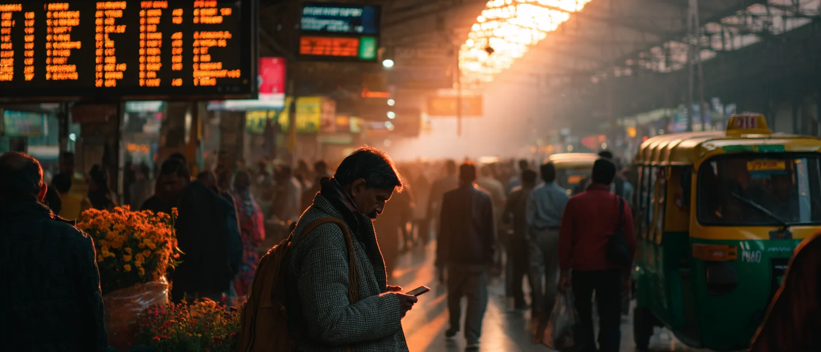 Best eSIM for India (2026): Skip the KYC Queue Traveller beneath the departures board of a crowded Indian railway station at dusk