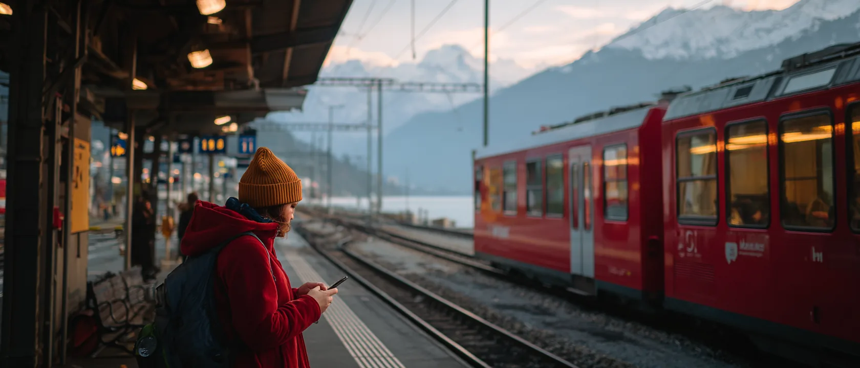 Traveler checking a phone on a Swiss railway platform beside a red regional train, Alps behind